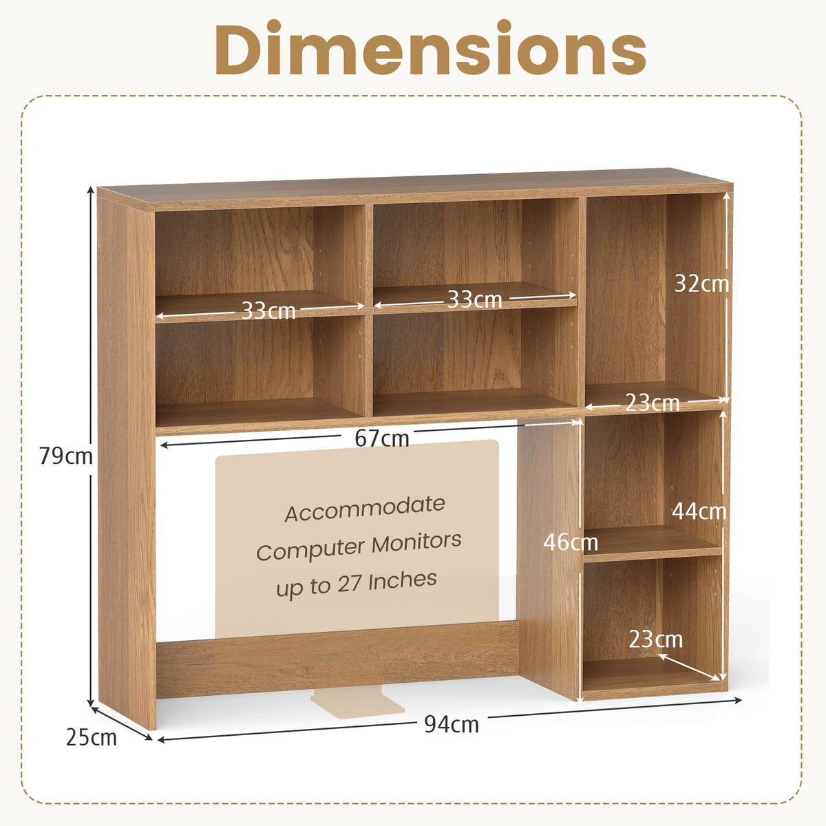 Desktop Bookshelf, Desk Hutch with 3 Adjustable Shelves & Open Compartment