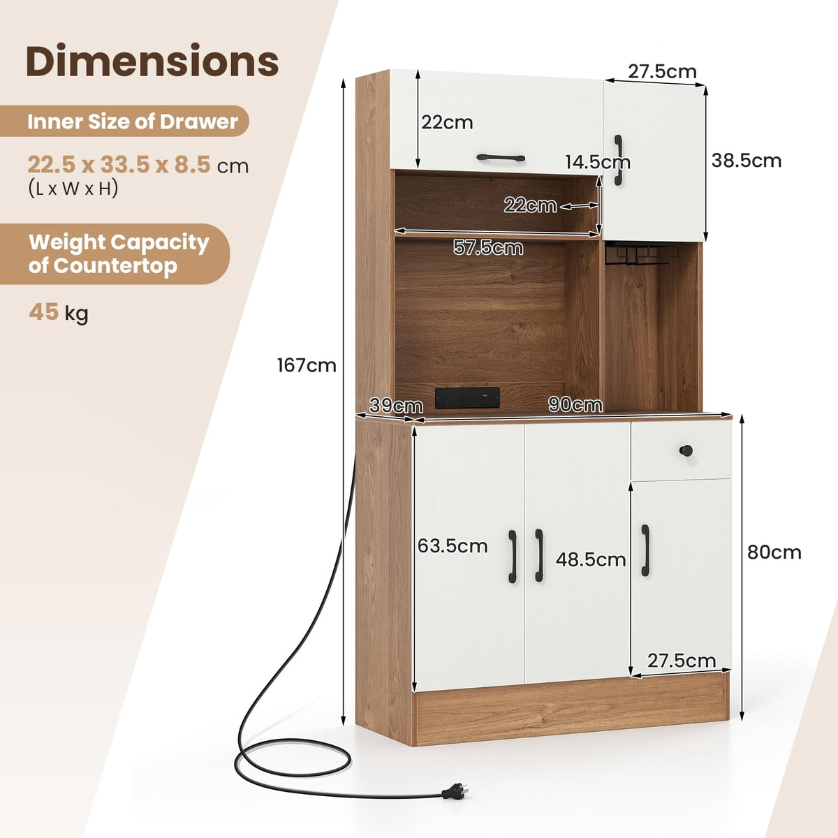 Giantex 167cm Tall Pantry Cabinet w/Hutch & Power Outlets