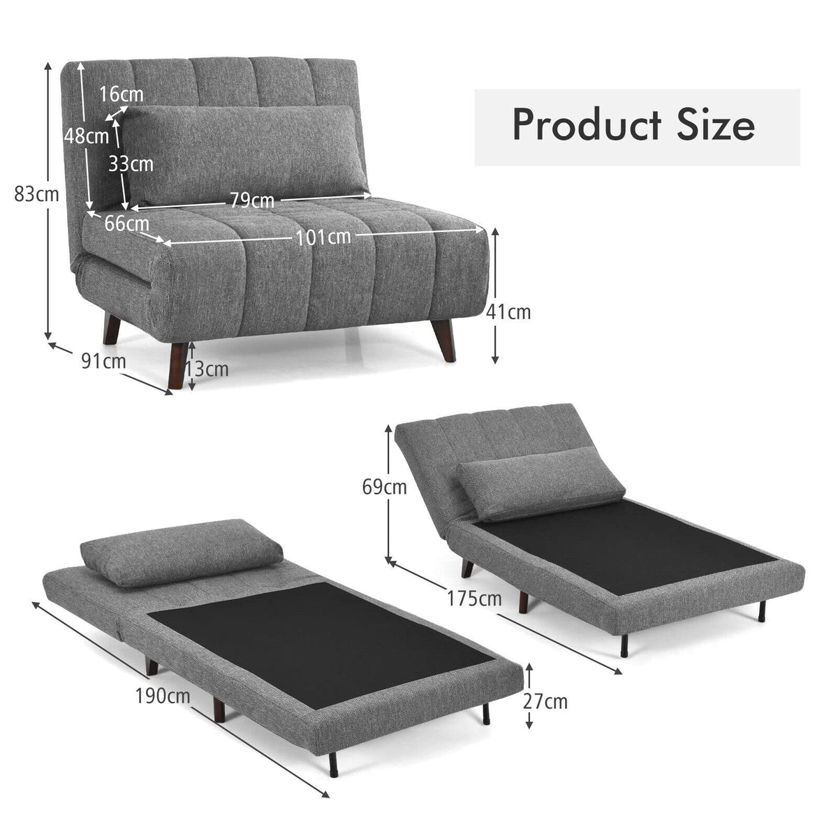 Tri-Fold Down Sofa Bed Chair with Solid Wood Legs