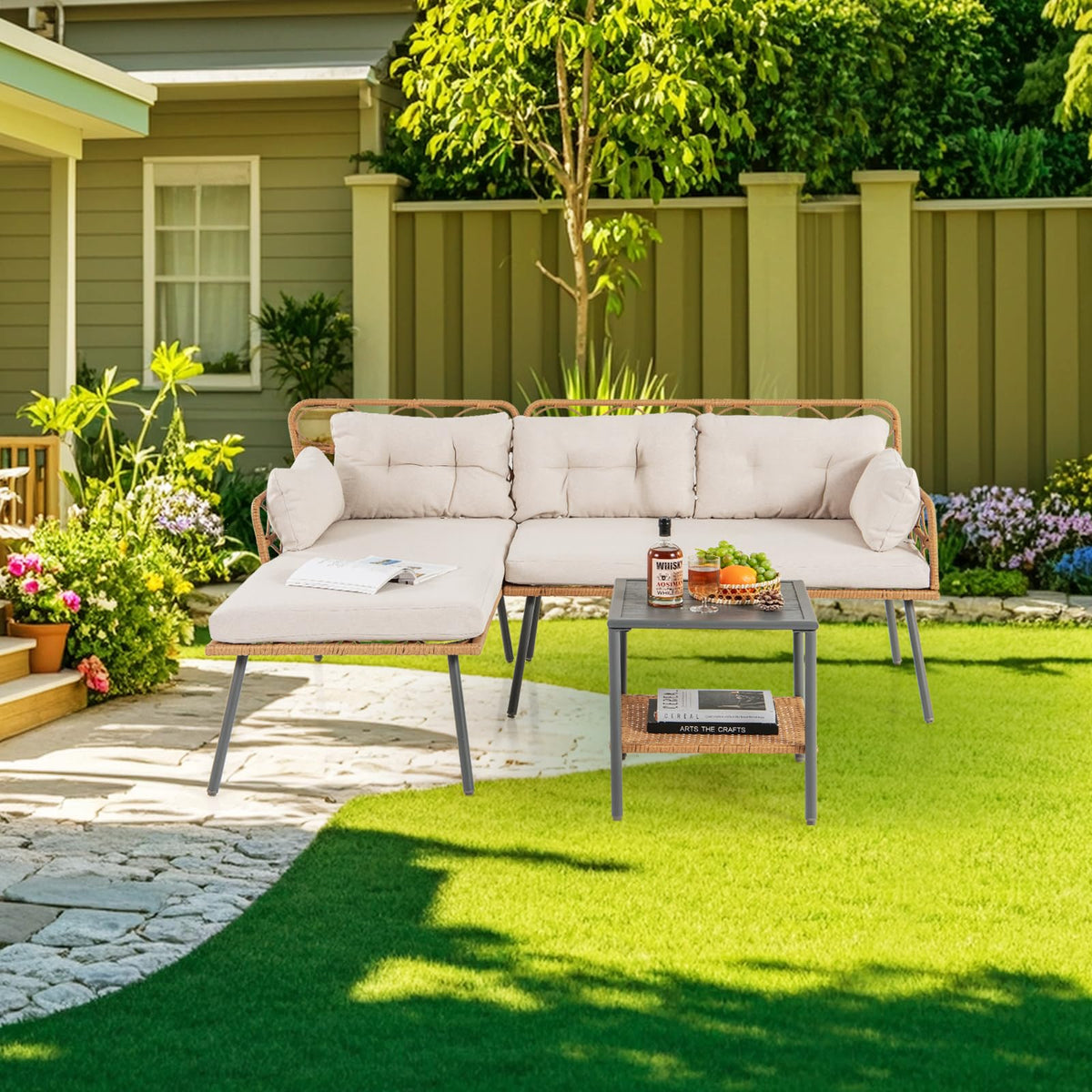 3 Pieces Corner Patio Furniture with Small Coffee Table for Garden Backyard