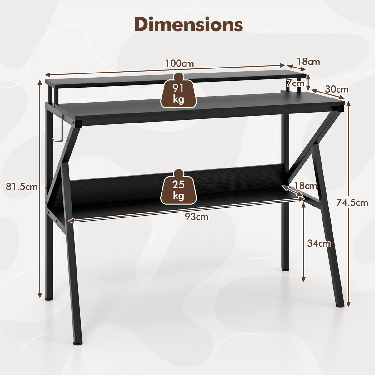 Computer Desk Versatile Writing Desk w/ Monitor Stand Hanging Hook Storage Shelf