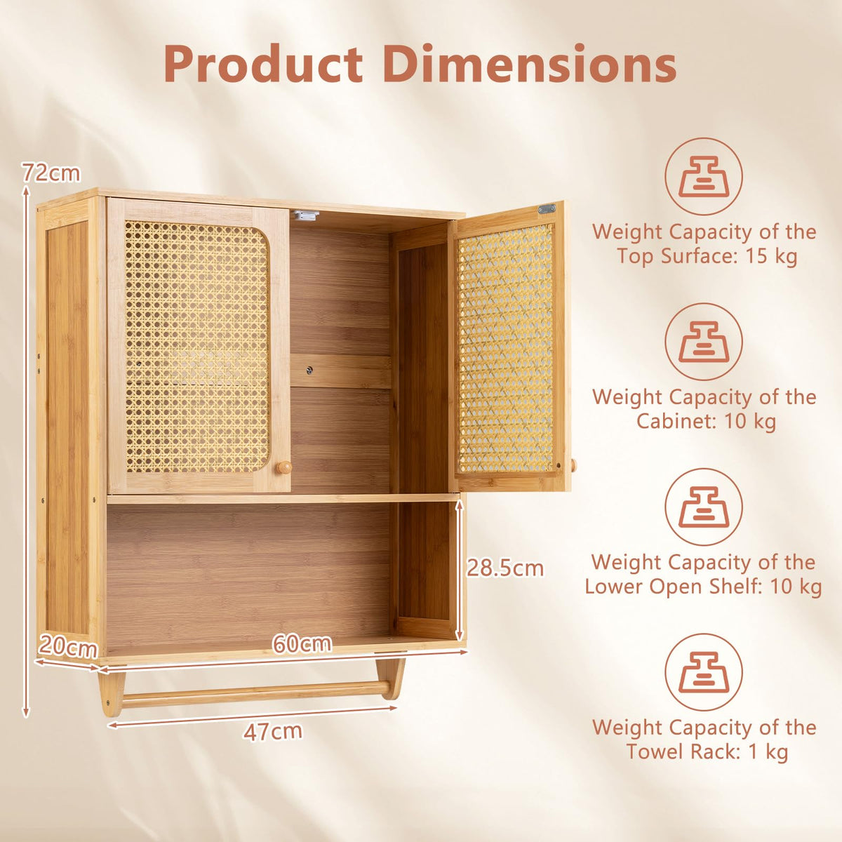 Bamboo Bathroom Wall Cabinet with Towel Rack and Rattan for Bathroom