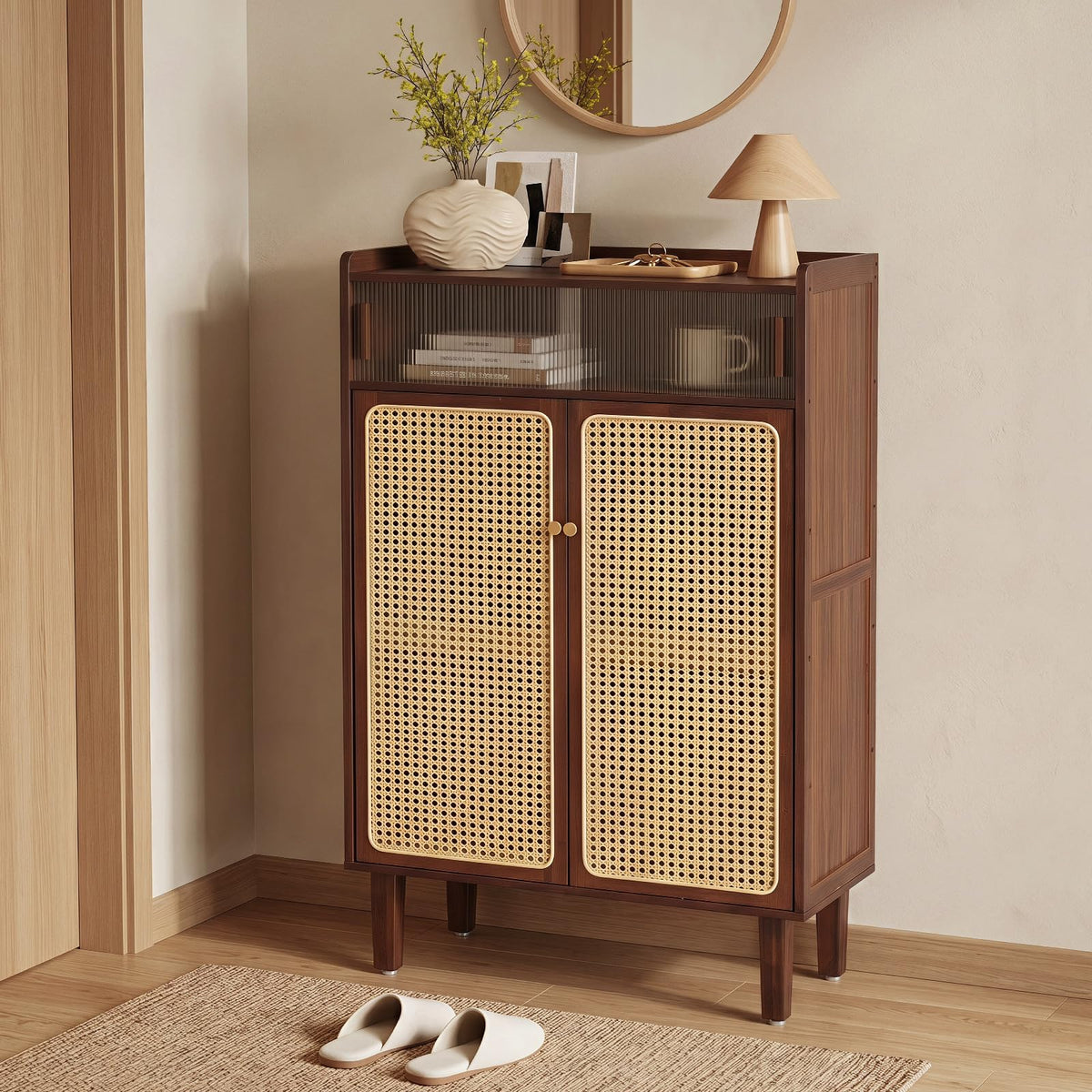 Bamboo Shoe Cabinet with Woven Rattan Doors for Entryway