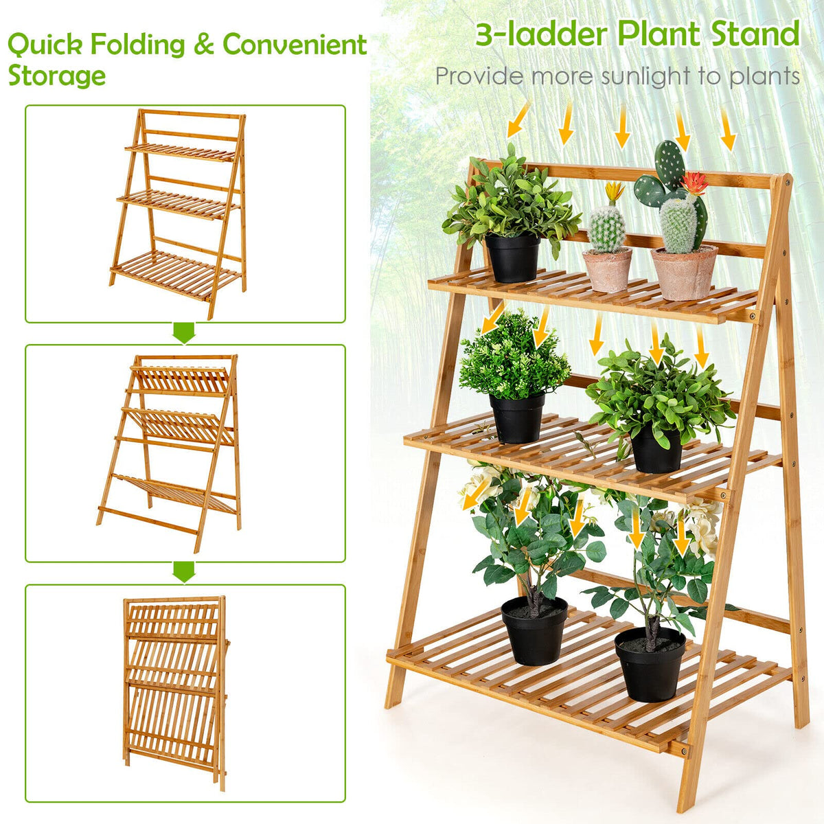 Folding Bamboo Plant Stand, 3-tier Ladder Plants Holder Organizer