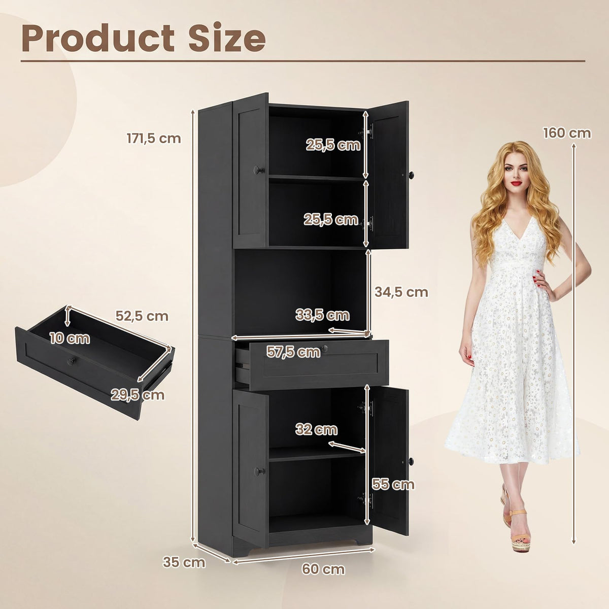 Tall Bathroom Cabinet, Freestanding Storage Cabinet with 4 Doors & 1 Drawer