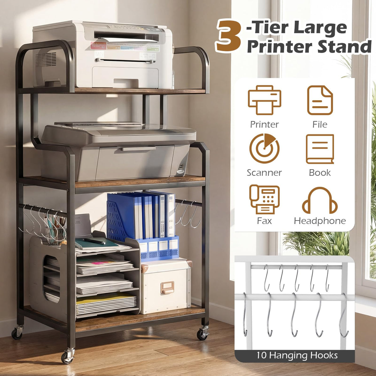 3-Tier Rolling Printer Stand, Home Office Large Printer Cart w/Storage Shelves