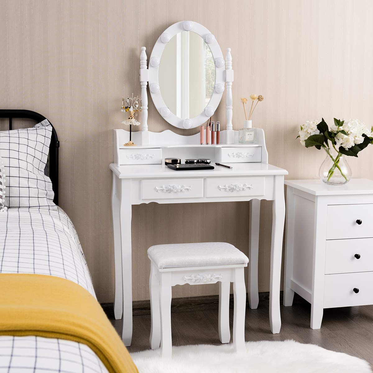 Dressing Table Stool Set, LED Vanity Makeup Table Desk