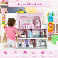 Pretend Play Kids Doll’s House w/3 Floors & 5 Rooms, Princess Mini Toy House Furniture Playset