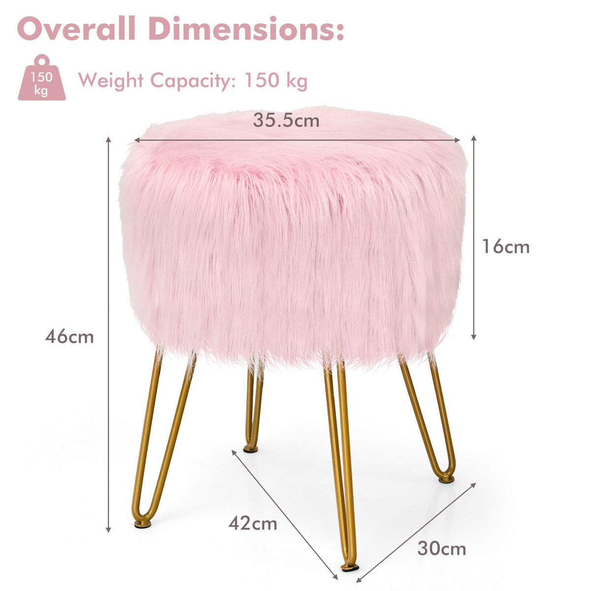 Giantex Luxury Faux Fur Vanity Stool Chair, Round Footstool Ottoman w/Metal Legs