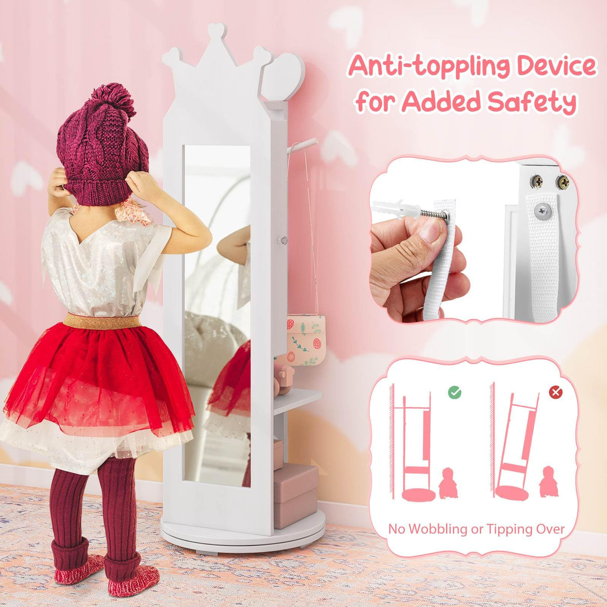 Kids Jewelry Cabinet 360-degree Rotating with Mirror and Clothes Rack