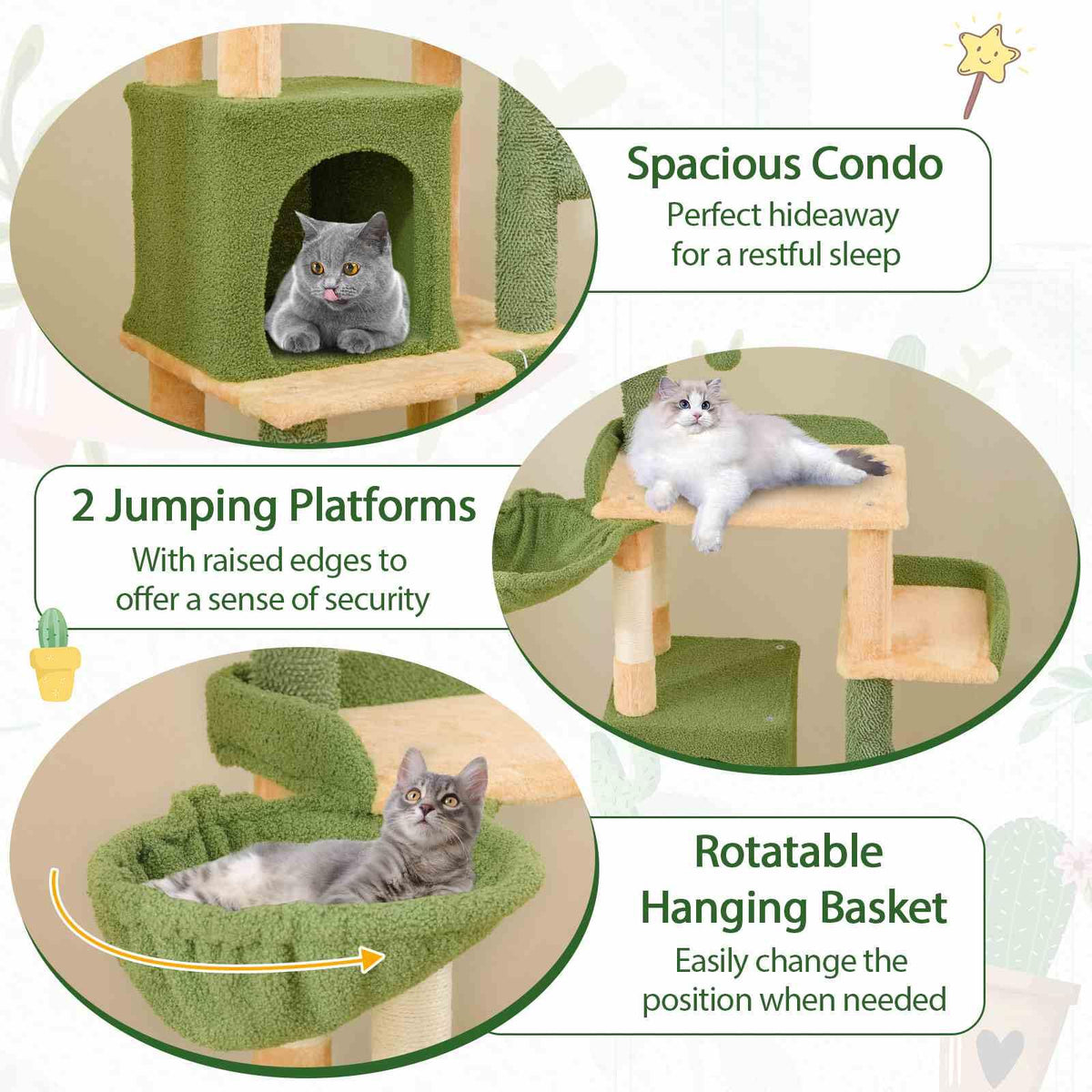 160cm Cactus Cat Tree for Indoor Cats Modern Multi-level Cat Tower w/Sisal Posts