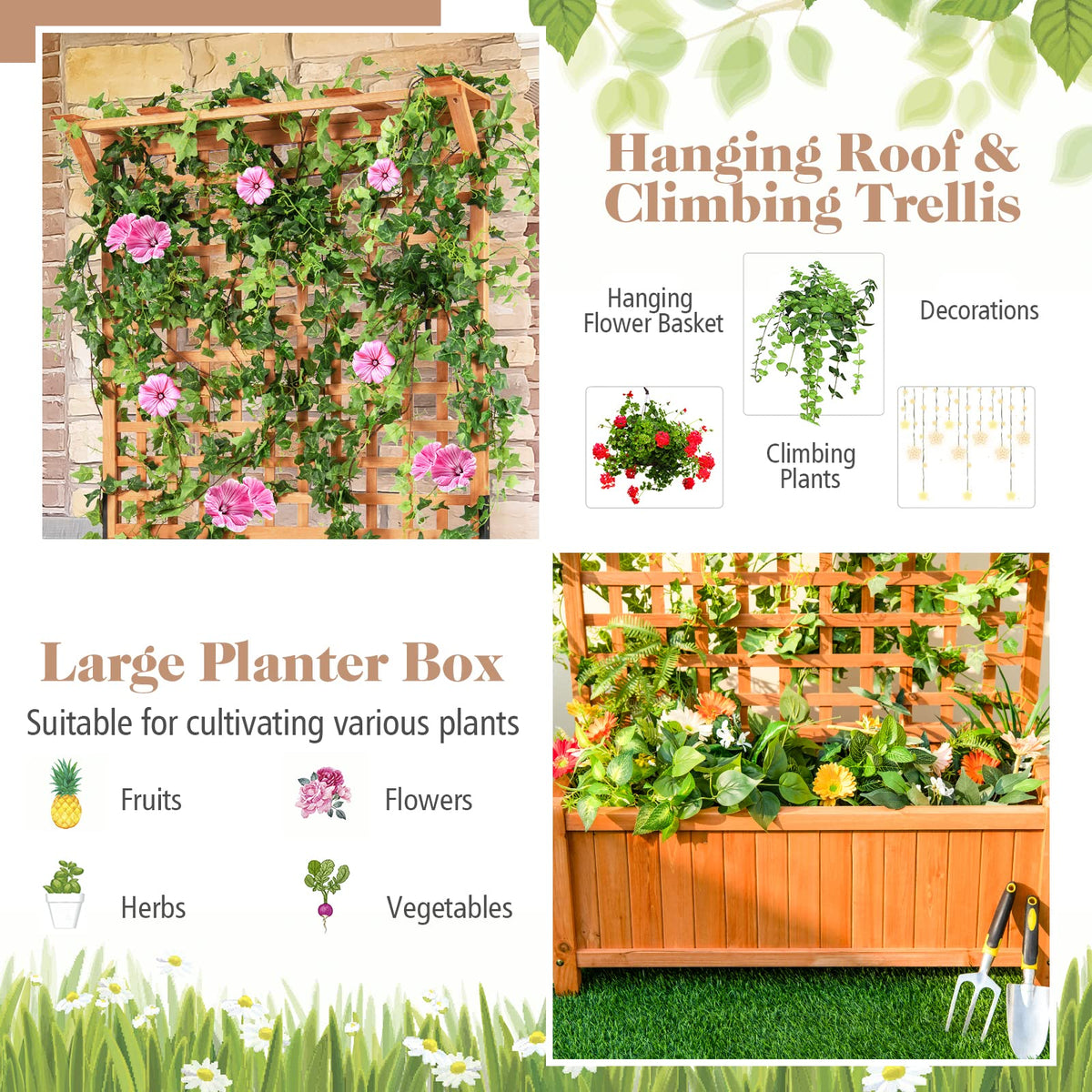 Giantex Raised Garden Bed with Trellis, Indoor & Outdoor Plant Container with Hanging Roof