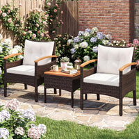 3-Piece Wicker Bistro Set with Acacia Table & Armchairs and Cushions for Backyard