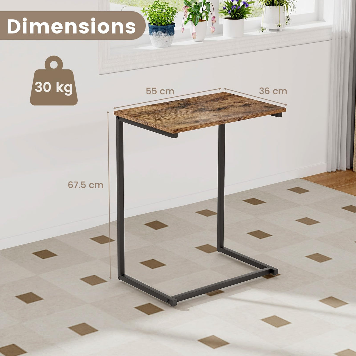 C-Shaped End Table, Vintage Accent Couch Table with Heavy-Duty Metal Frame