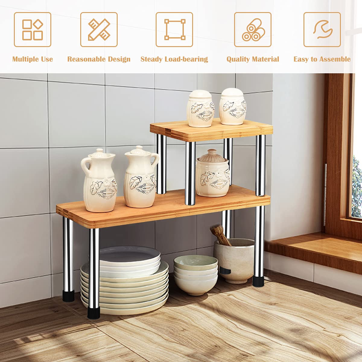 Giantex 2-Tier Storage Shelf, Premium Bamboo & Stainless Steel Corner Shelf, Storage Rack Display Shelf