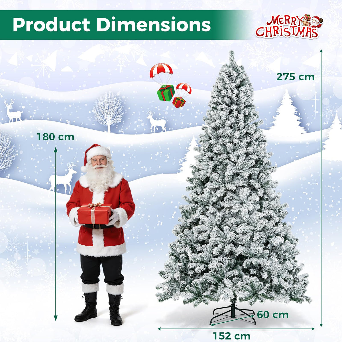 275cm Snow Flocked Artificial Christmas Tree w/PVC Branch Tips
