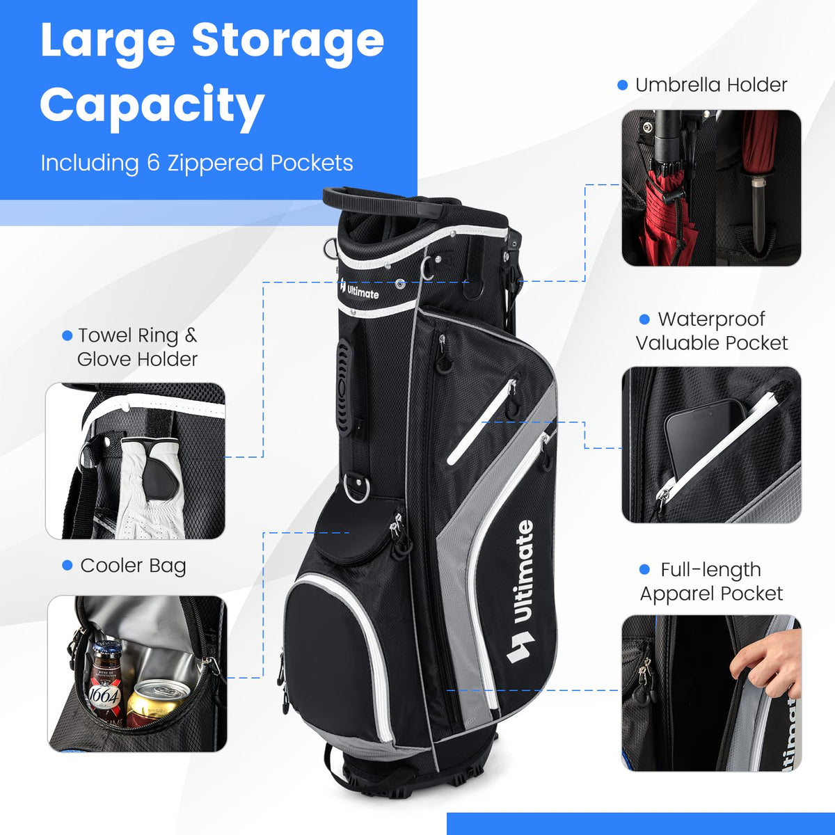 Golf Stand Bag, Golf Club Bag w/ 14 Way Top Dividers, Lightweight Golf Carry Bag