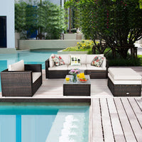 6 Pieces Patio Rattan Sectional Furniture Set, Outdoor Wicker Conversation Set with Glass Coffee Table Sofa Ottoman