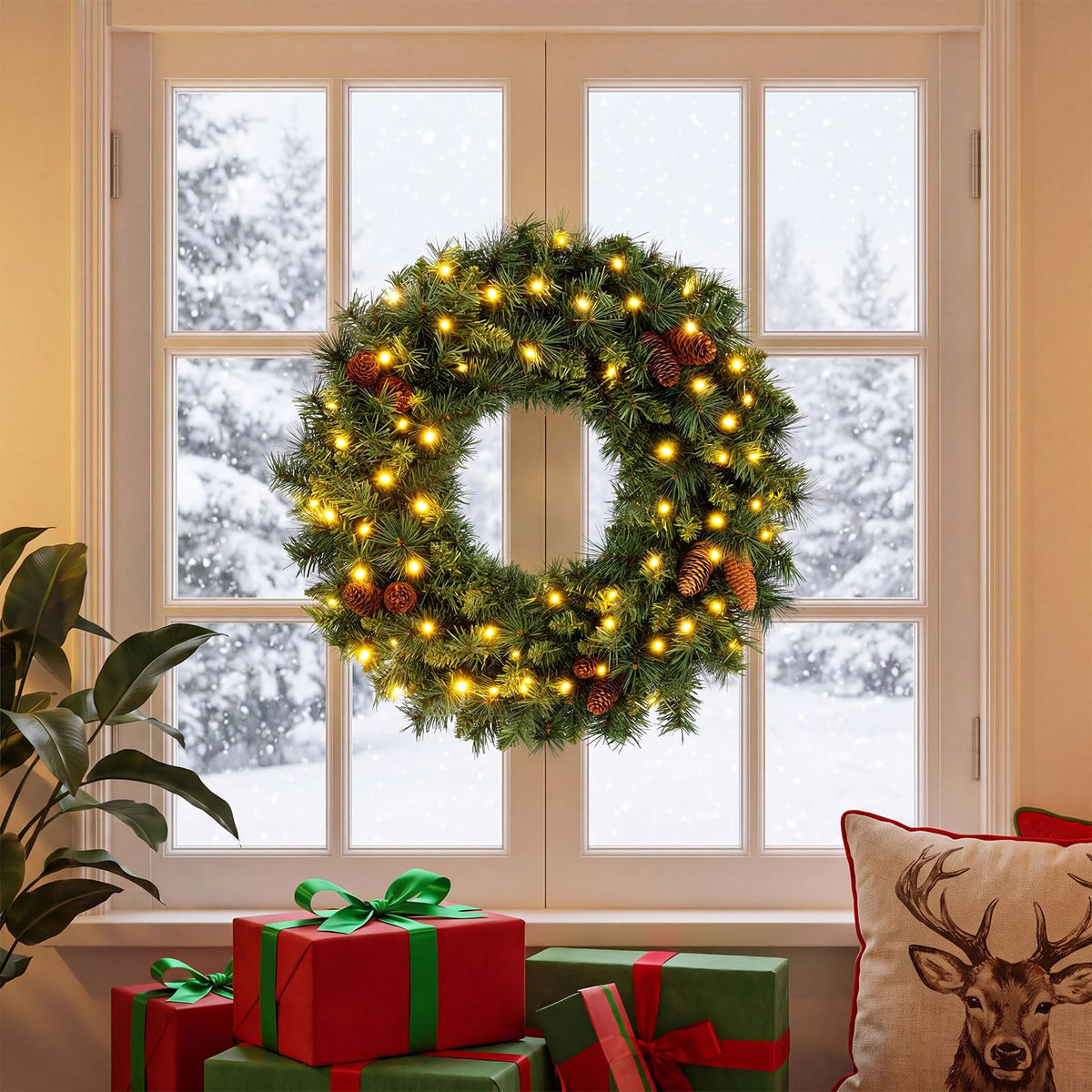 60 CM Pre-Lit Artificial Christmas Wreath, Battery Operated