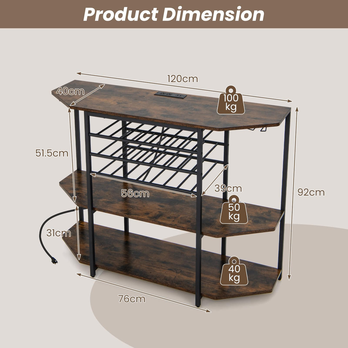 Giantex Wine Rack Table with Power Outlets, 3-Tier Freestanding Liquor Cabinet