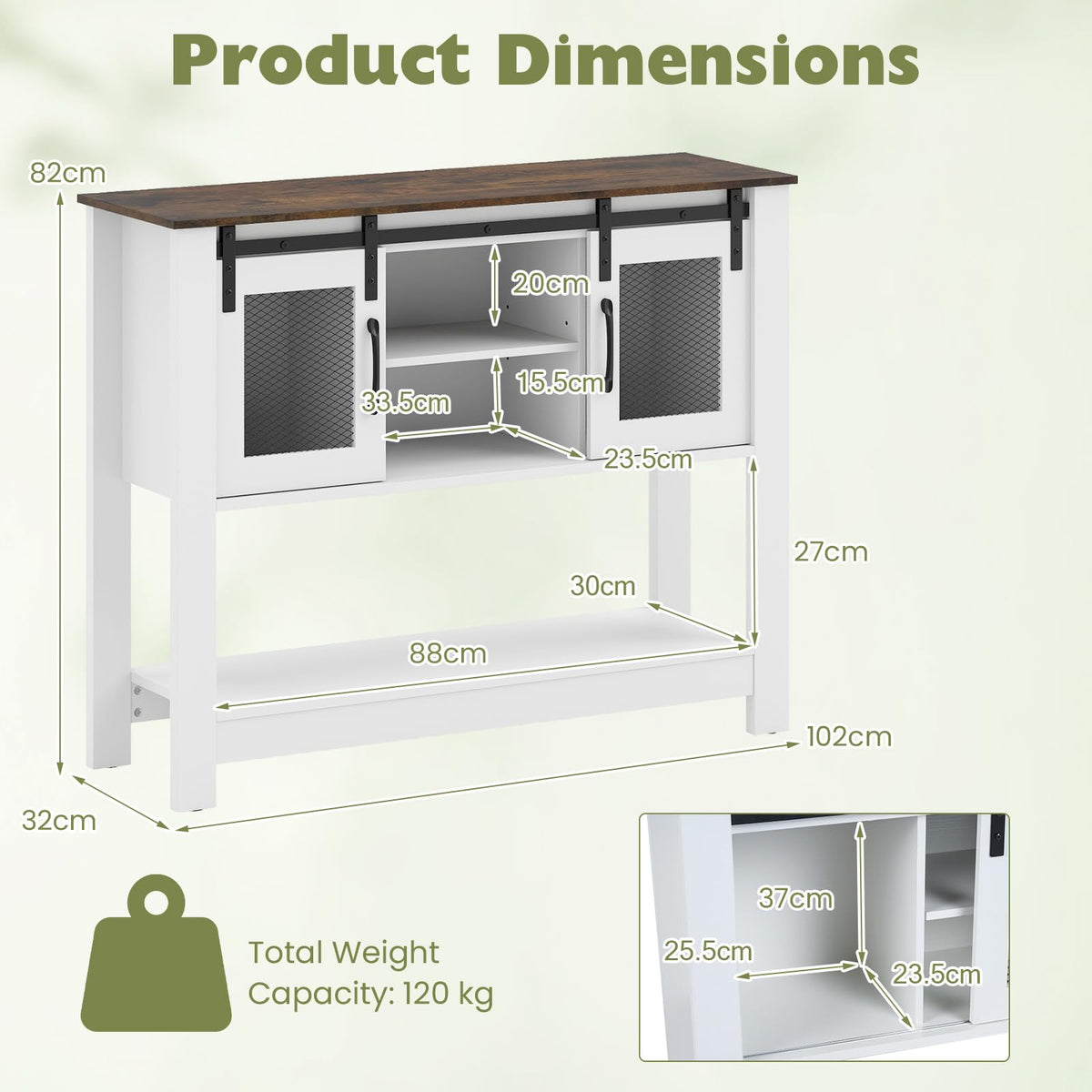 102cm Small Farmhouse Console Table with Adjustable Shelf and 2 Storage Cabinets for Entrance