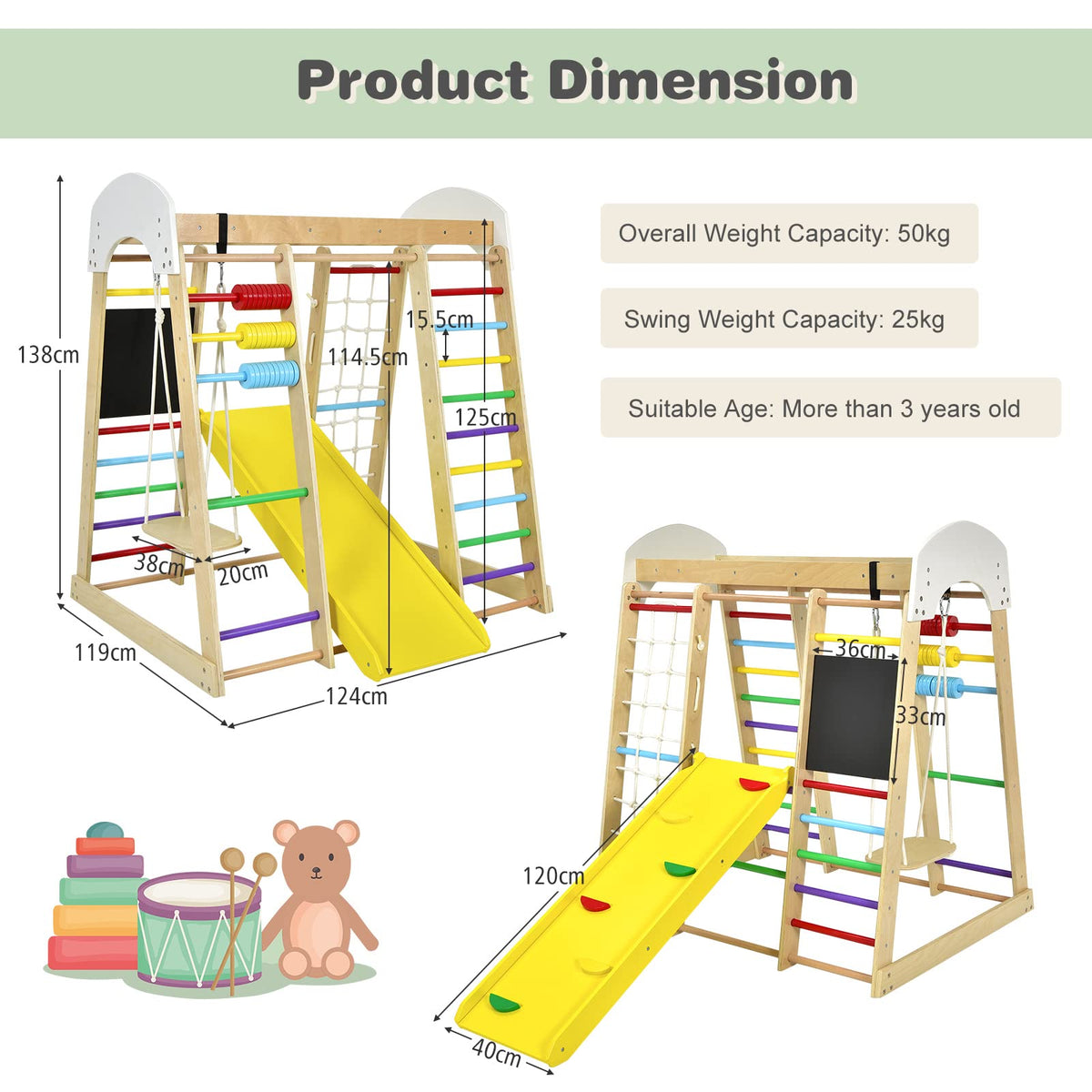 8-in-1 Wooden Climbing Playset with Slide and Drawing Board
