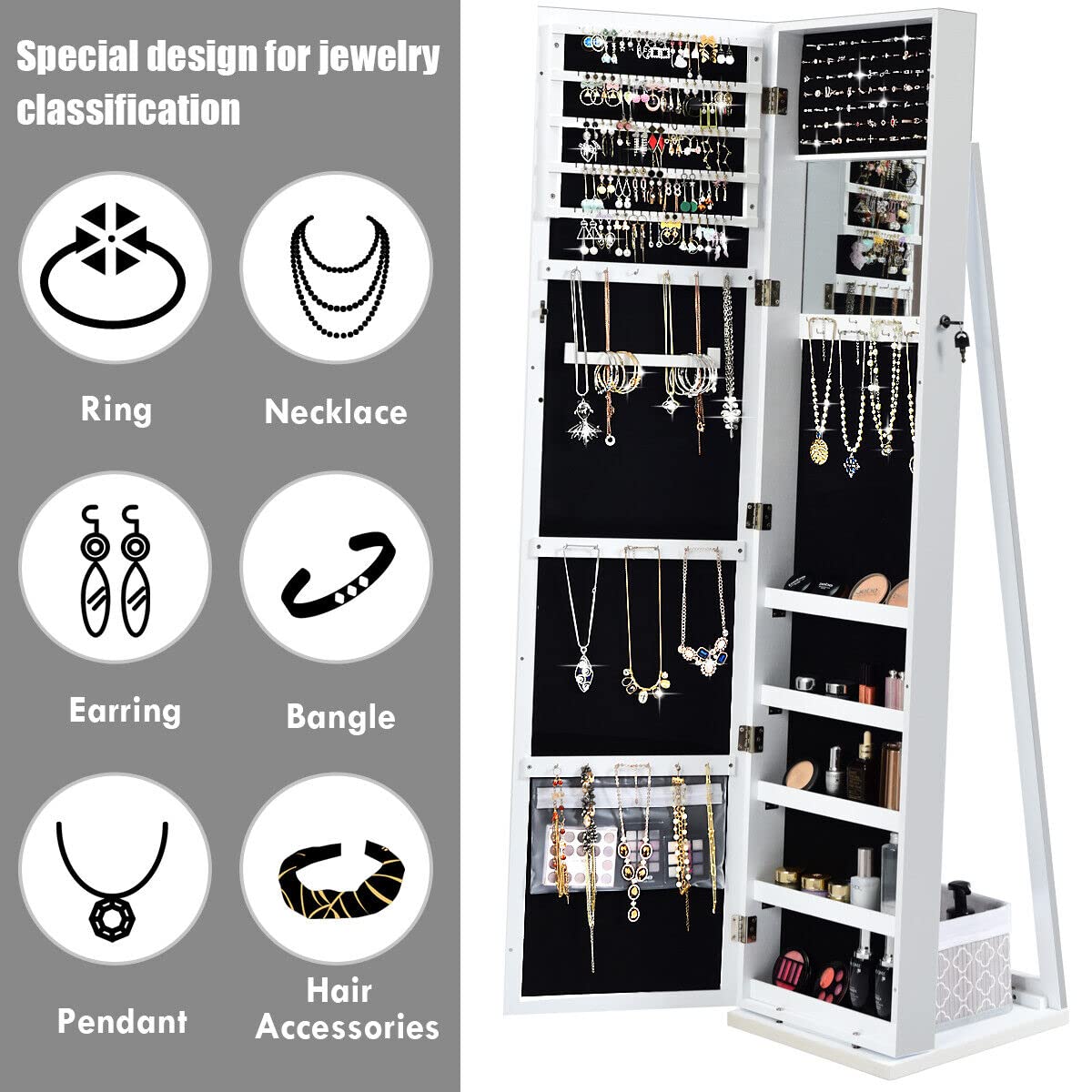 Giantex 2-in-1 Standing Jewelry Armoire w/ Higher Full Length Mirror, Lockable Jewelry Cabinet Organizer