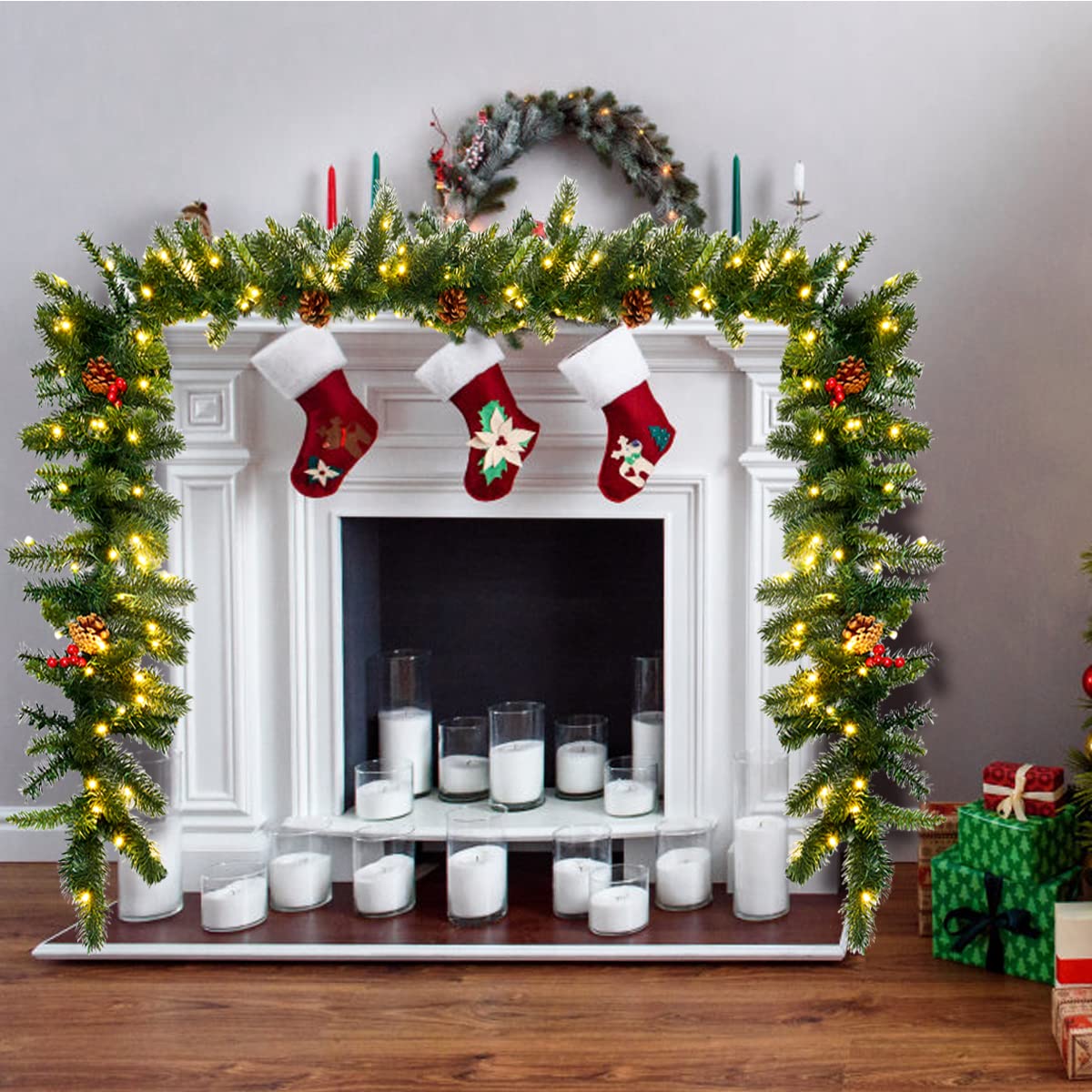 2.7m Pre-lit Christmas Pine Garland with 100 LED Lights and 200 Tips