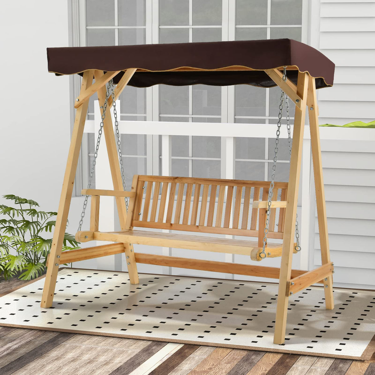 Wooden Garden Swing Chair, 2 Person Canopy Swing w/Weather-Resistant Canopy