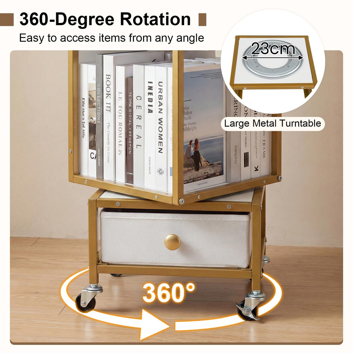 4-Tier Rotating Bookshelf on Wheels, 360° Spinning Corner Book Shelf Tower