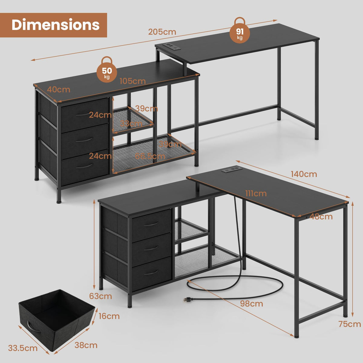 Giantex L-Shaped Computer Desk with Power Outlet, Convertible Corner Desk with 3 Fabric Drawers & Metal Mesh Shelves