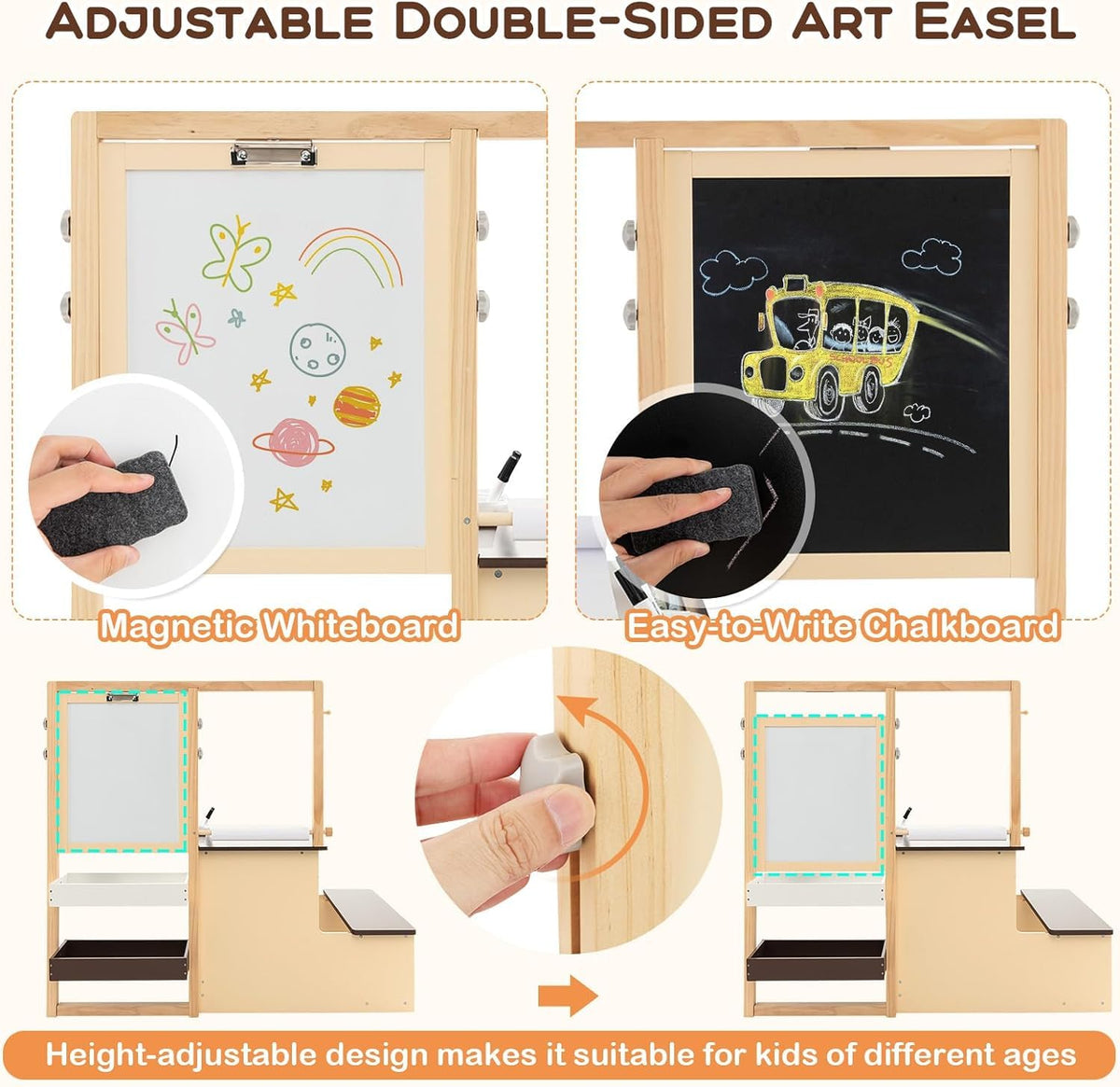 Kids Art Table & Bench Set with Double-Sided Adjustable Easel