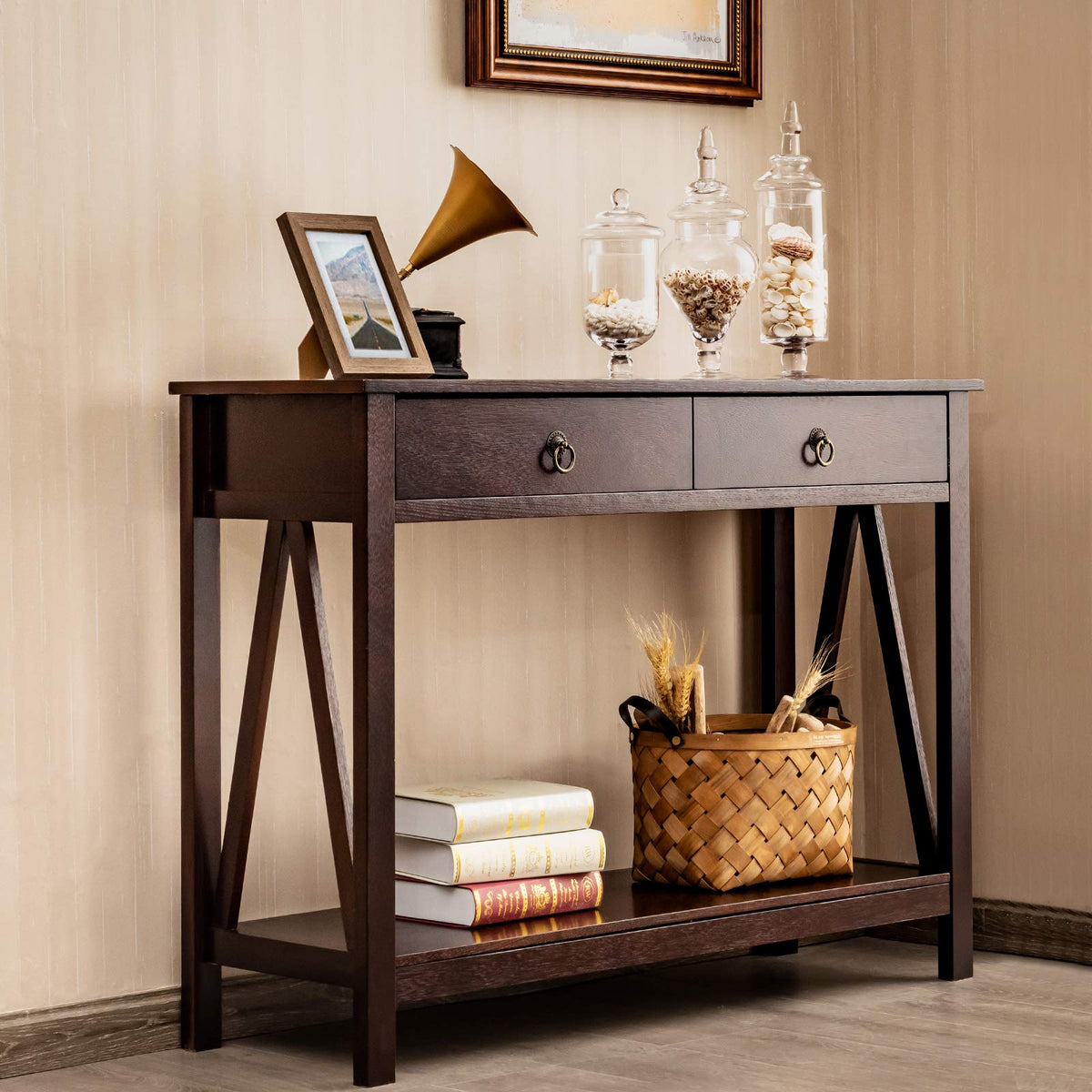 Giantex Console Table with Drawers 3-Tier Couch Table with Storage Shelves