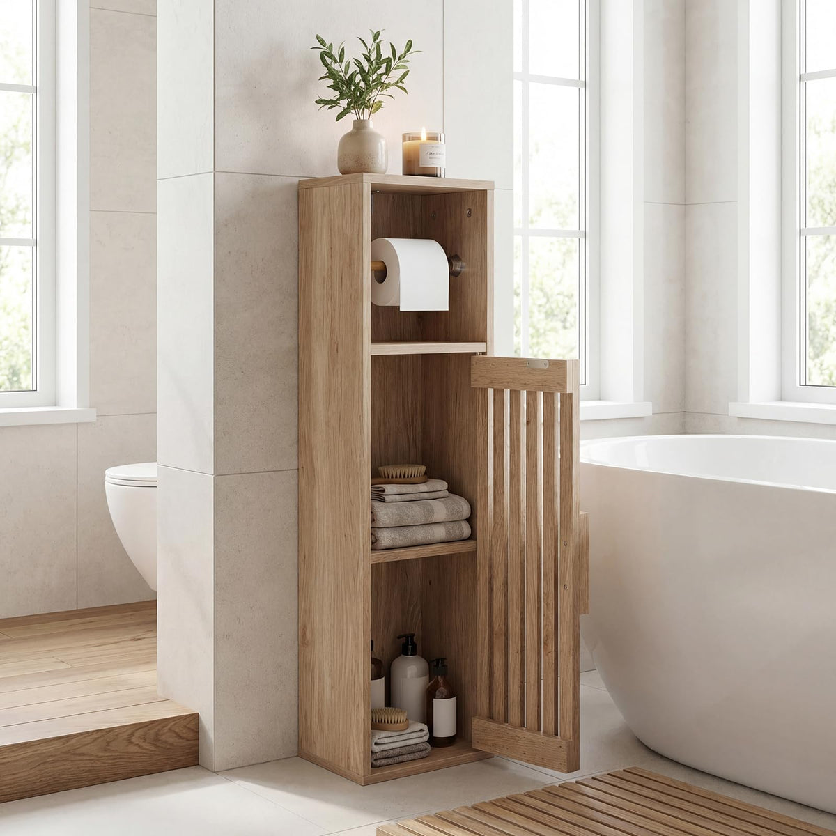 Slim Bathroom Cabinet with Door and Adjustable Shelf for Small Spaces