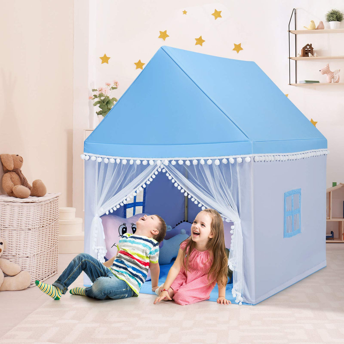 Kids Play Tent, Children Play House w/Solid Wood Frame & Cotton Mat