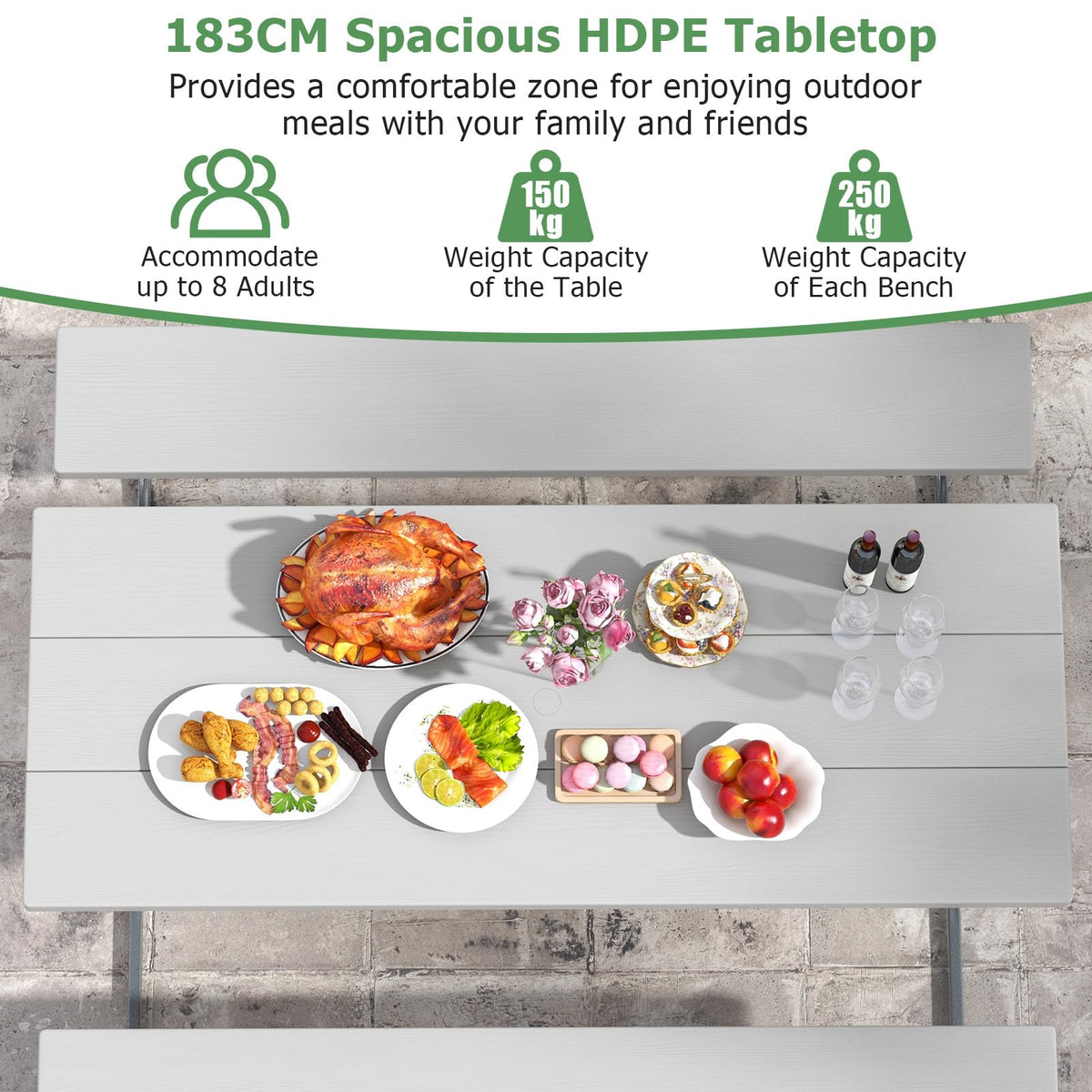 Outdoor Picnic Table Bench Set with HDPE Tabletop and Umbrella Hole