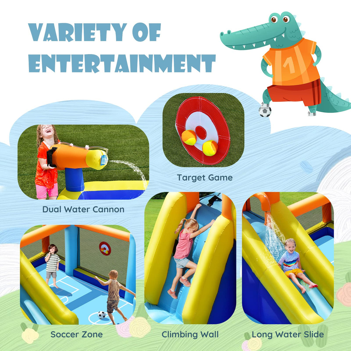 Inflatable Water Slide, 7-in-1 Long Slide Giant Water Park Wet Dry Combo with Water Soccer Splash Pool (with 680W Blower)