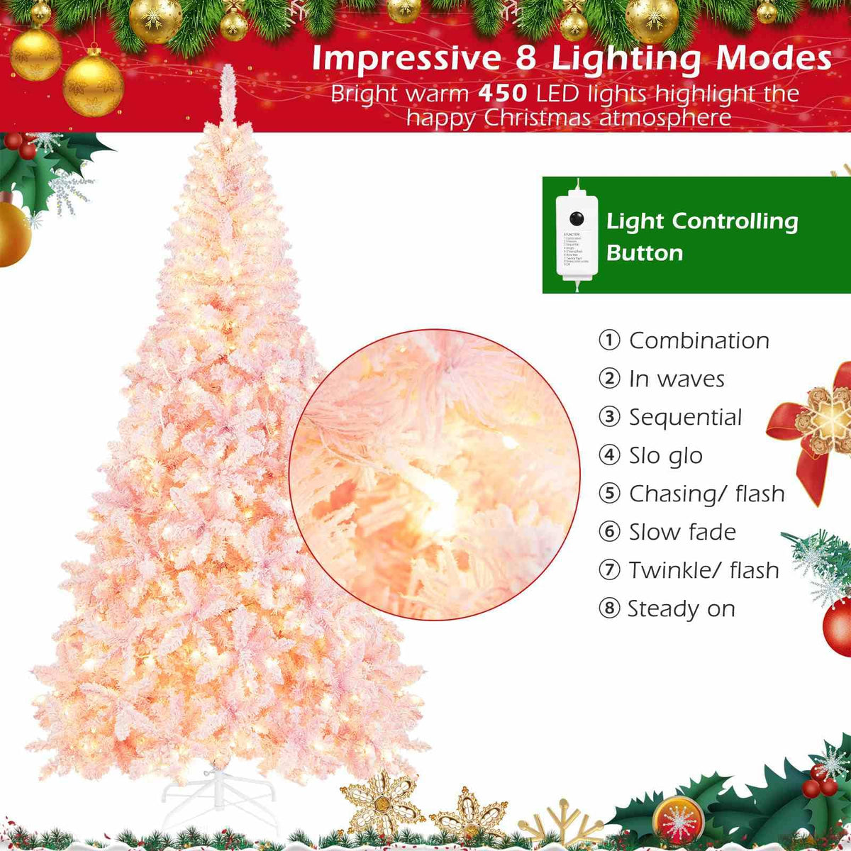 2.2M Snow Flocked Christmas Tree with 1100 Branch Tips and 450 LED Lights