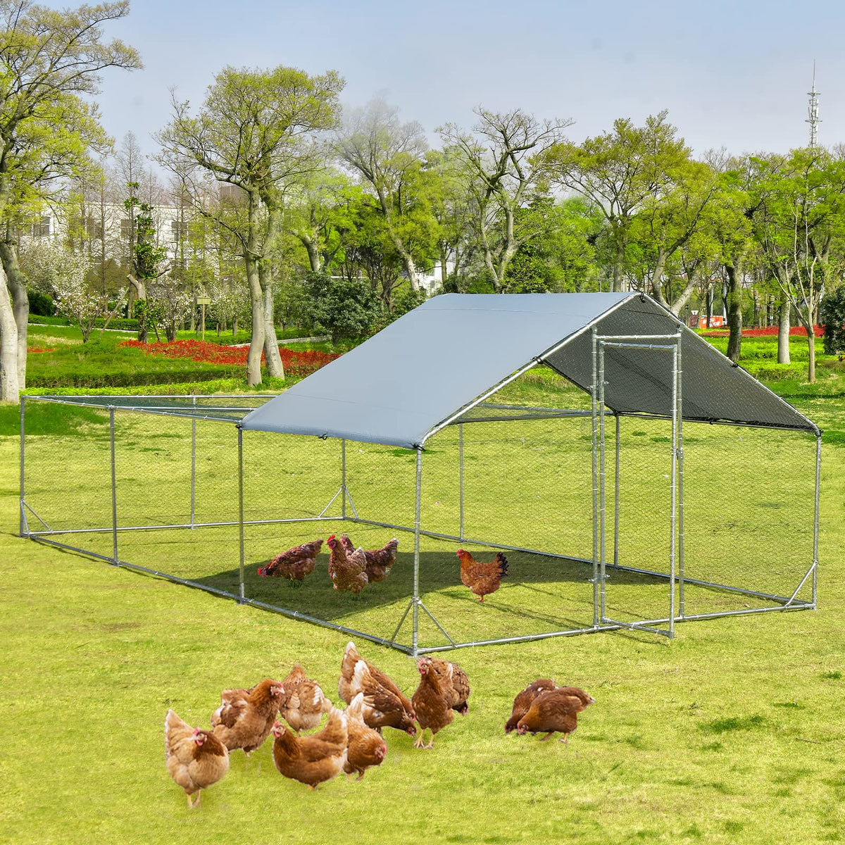 Large Metal Chicken Coop, Walk-in Poultry Cage Hen Rabbit Run House with Waterproof & Sun-Proof Cover
