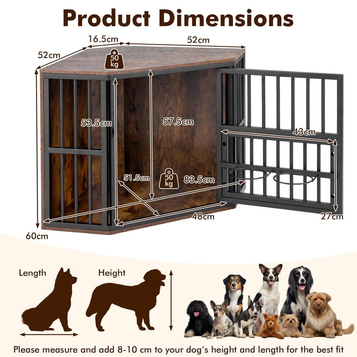 Corner Dog Crate 2-in-1 Kennel and TV Stand with Adjustable Dog Bowl Rack