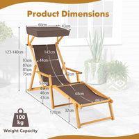 Birch Wood Chaise Lounge Chair with Adjustable Canopy and Reclining Backrest