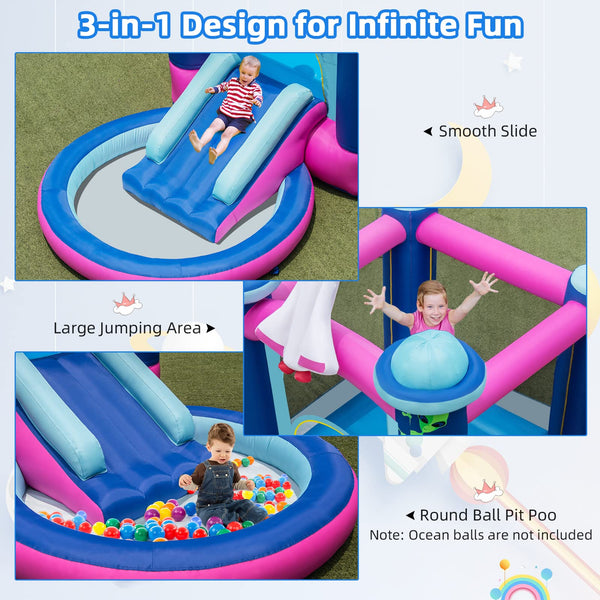 Inflatable Bounce House, Space-Themed Kids Inflatable Castle w/Slide, Ball Pool