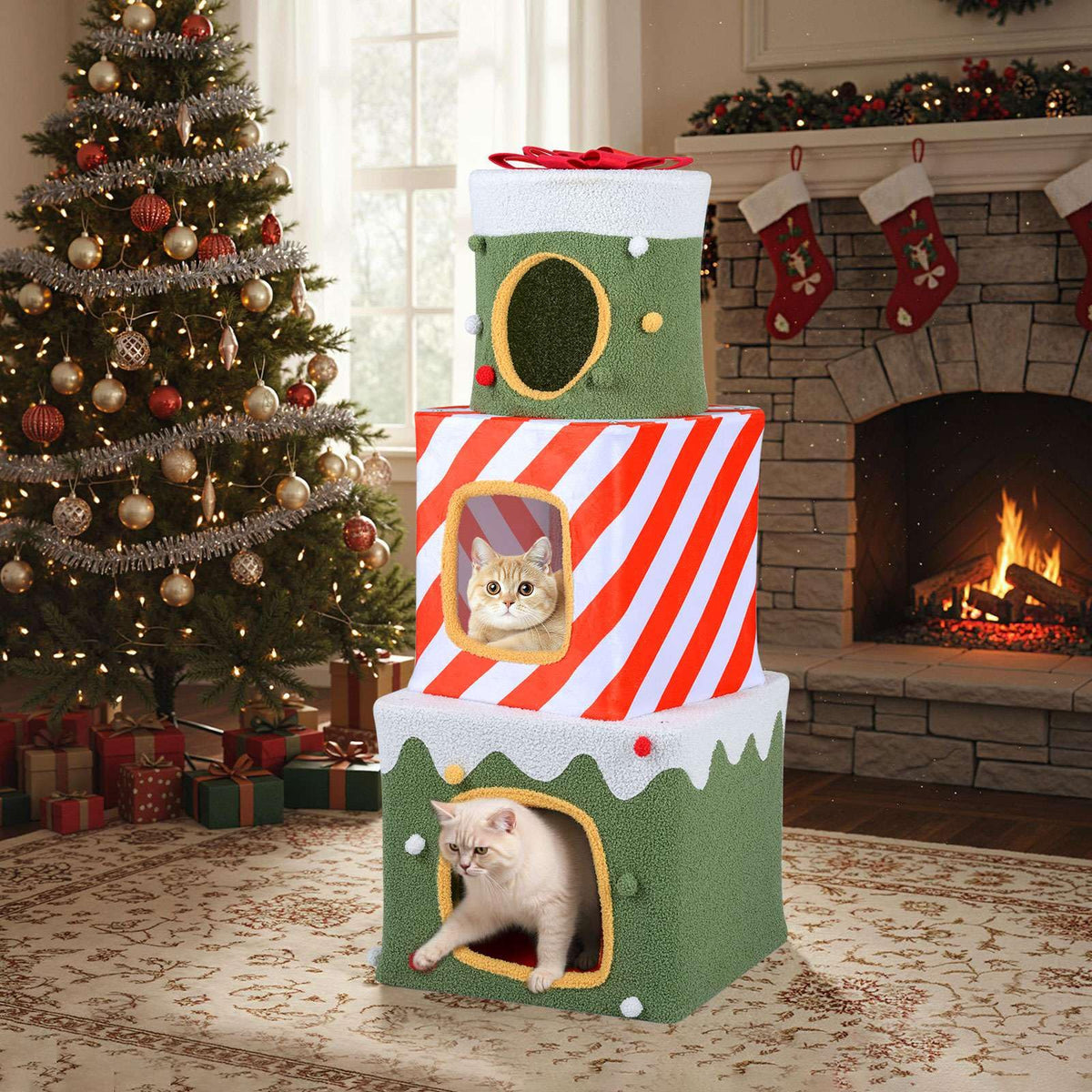 Stackable Cat Tree 120 cm Christmas Cat Tree Stackable with 3 Condos and Dangling Ball ...