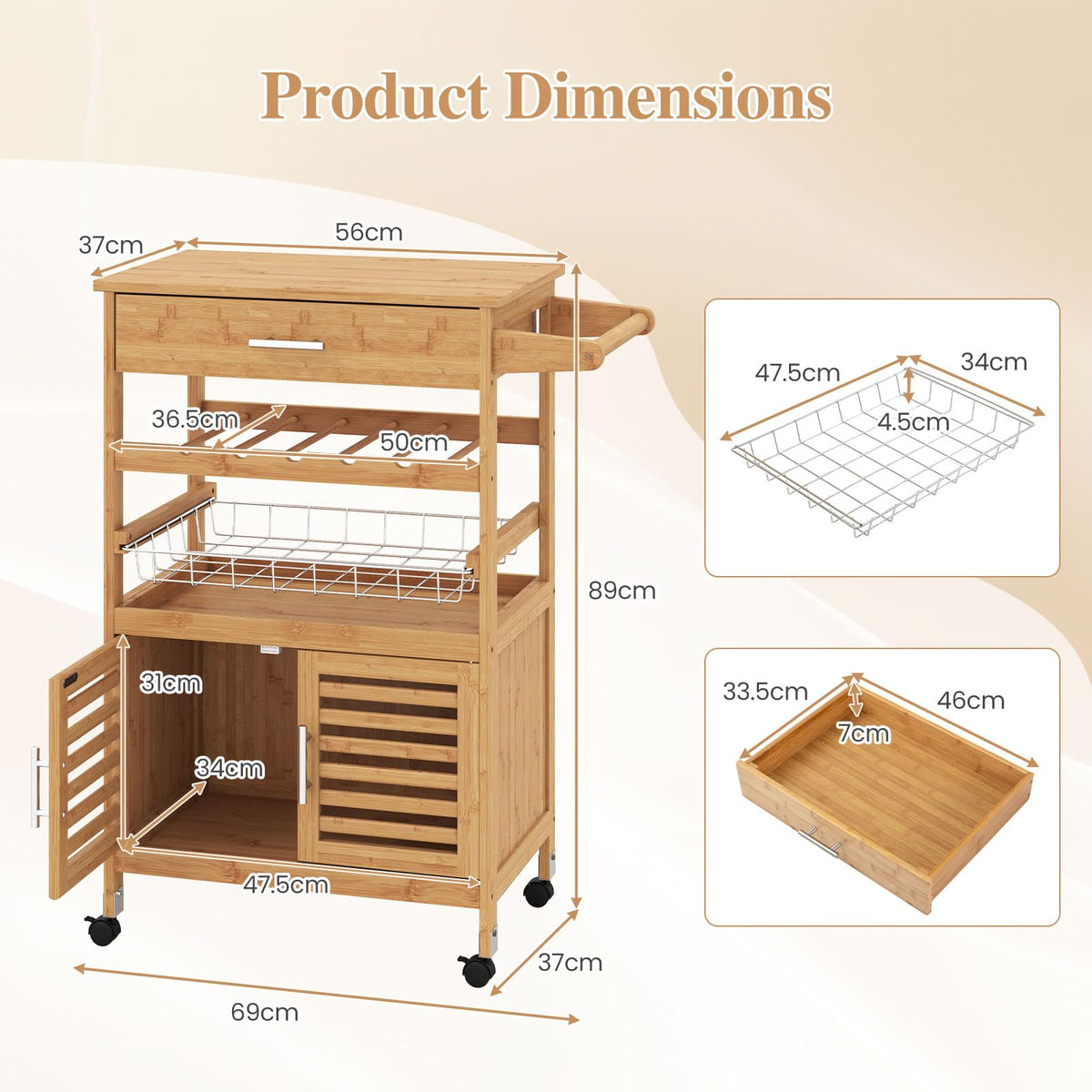 Giantex Bamboo Rolling Kitchen Island Trolley with Storage Cabinet