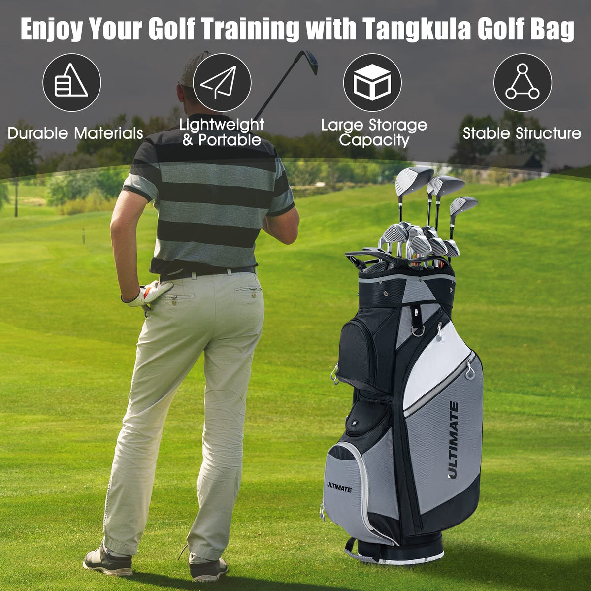 14-Way Golf Cart Bag, Lightweight Portable Golf Club Bag with Cooler Bag, Waterproof Valuable Pocket