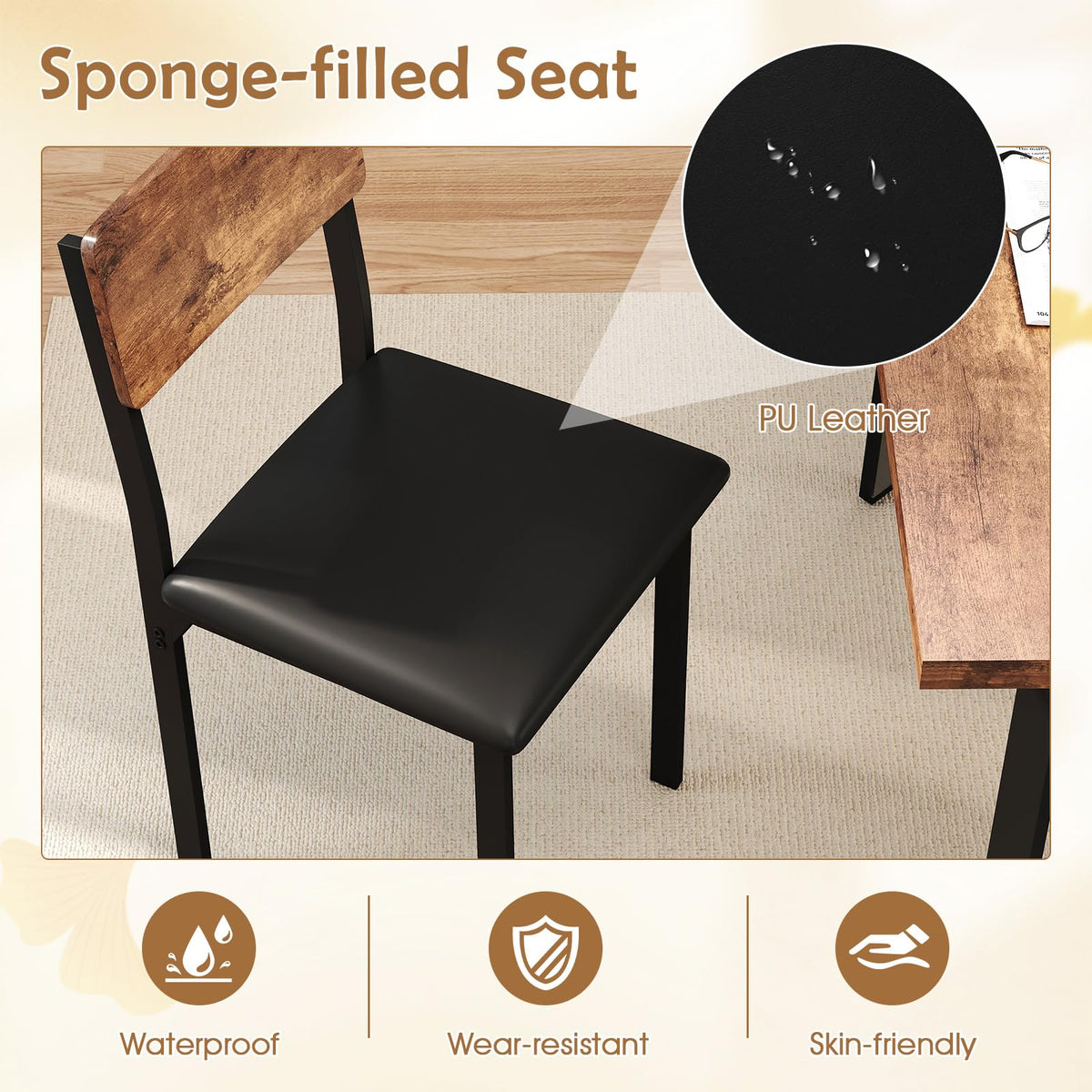 5-Piece Dining Table Set Industrial Kitchen Table and 4 PU Leather Upholstered Chairs