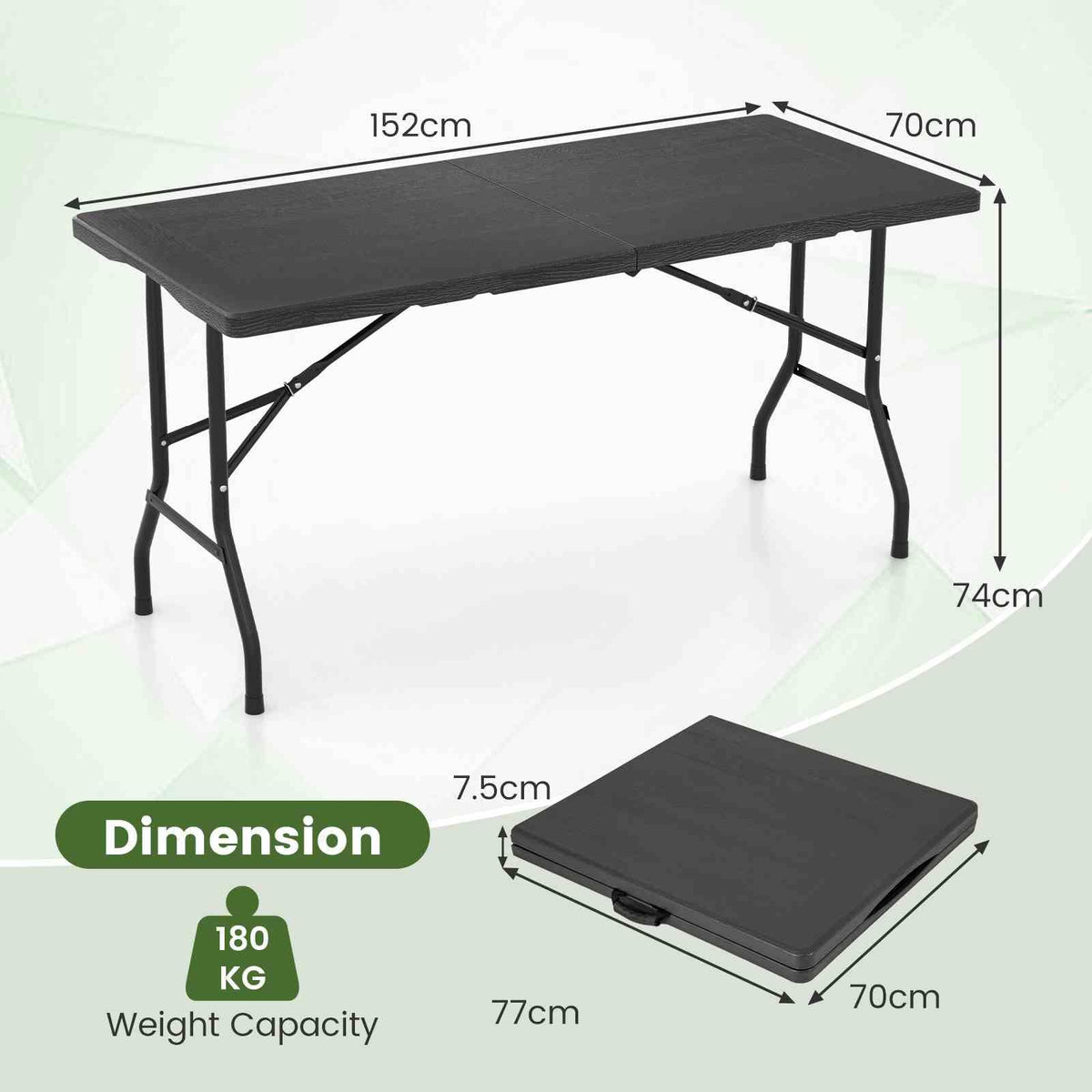 1.5m Folding Picnic Table, Outdoor Dining Table w/Wood Grain HDPE Tabletop