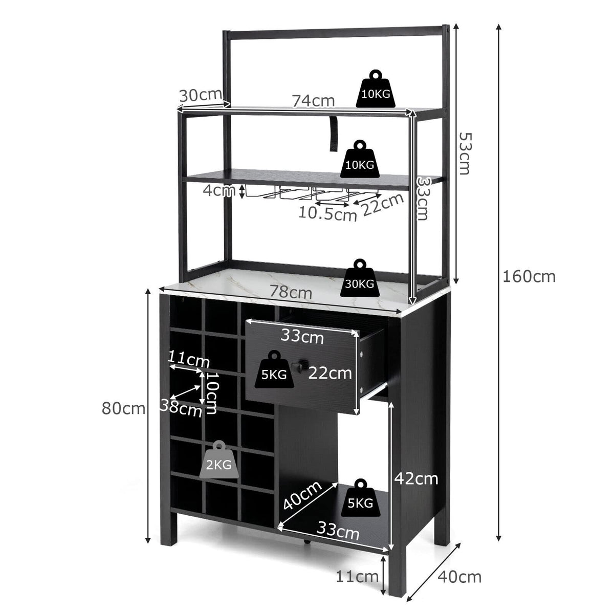 Giantex Kitchen Wine Rack, Freestanding Cabinet w/ Wine Glass Holder & Drawer, 4-Tier Bakers Rack