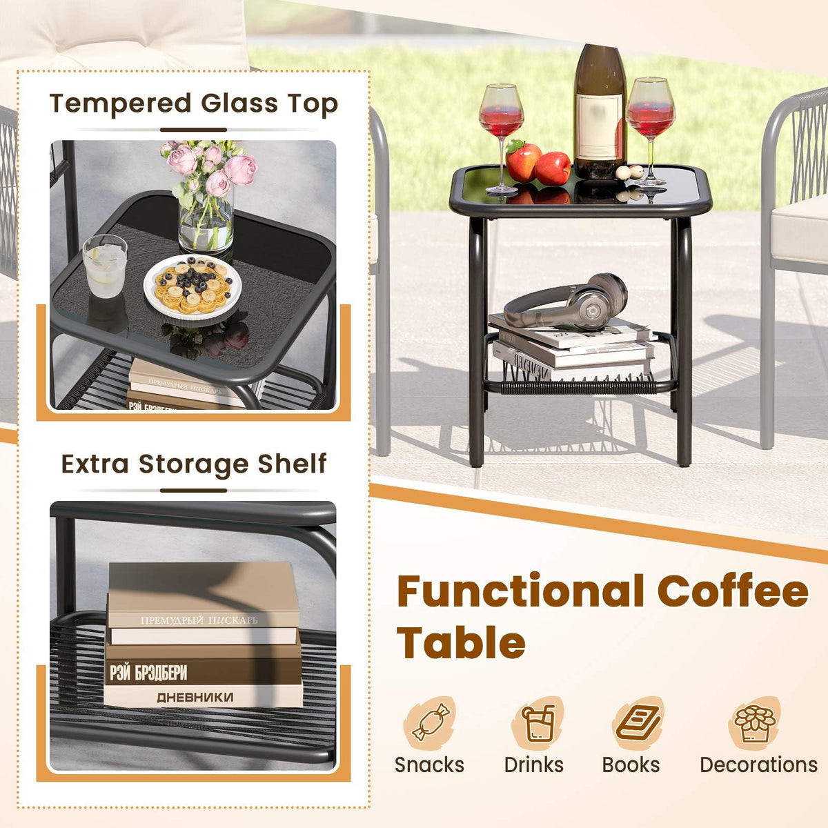 3 Pieces Patio Bistro Set, PE Rattan Furniture Set