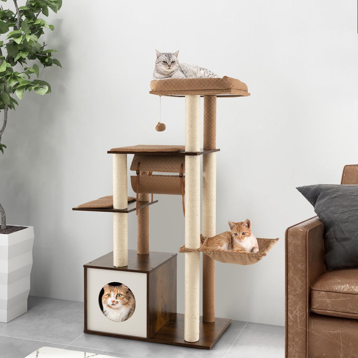 Modern Cat Tree Tower, Multi-level Cat Activity Center with Top Perch, Large Hammock, Cozy Condo